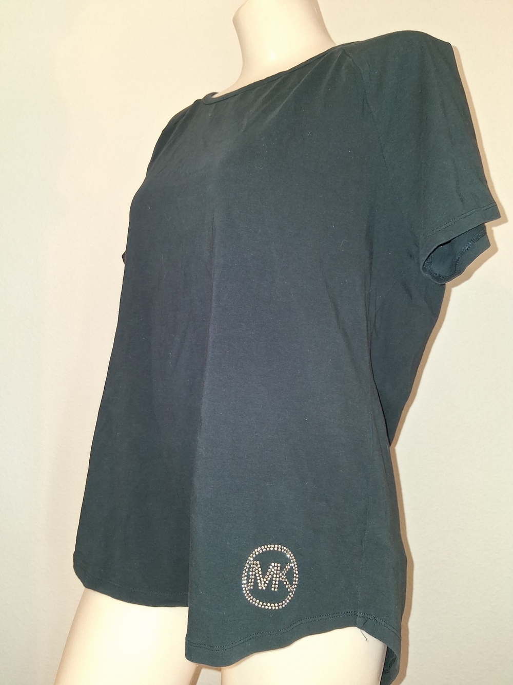 Michael Kors Dark Green Short Sleeve Tee with Rhinestone MK Hem Logo